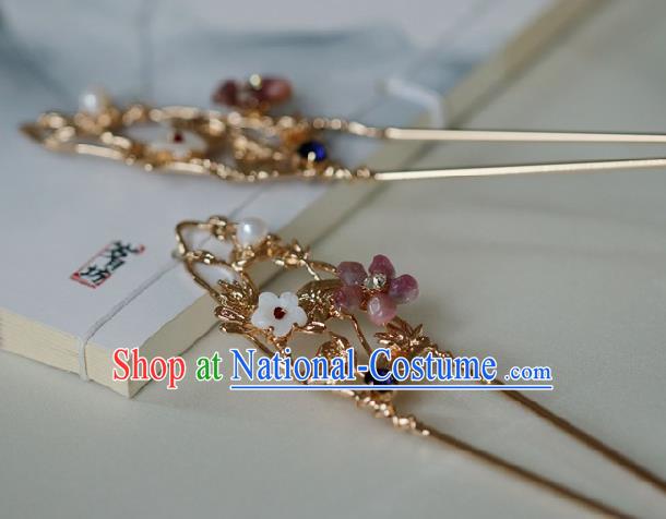 Chinese Handmade Ming Dynasty Princess Pink Plum Hairpins Ancient Hanfu Hair Accessories for Women