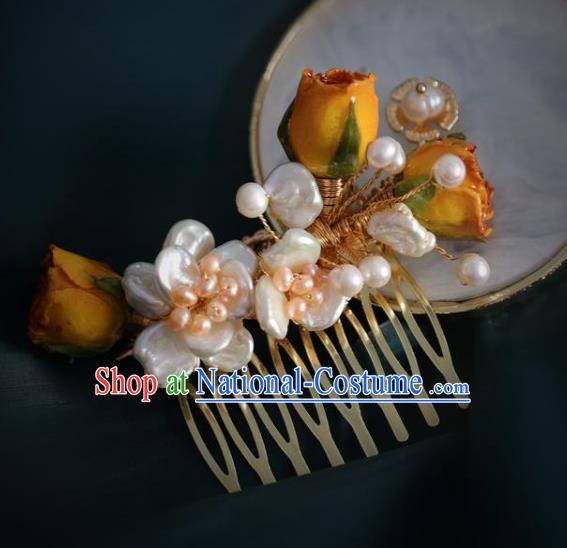 Chinese Handmade Ming Dynasty Princess Orange Flowers Hair Comb Hairpins Ancient Hanfu Hair Accessories for Women