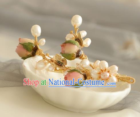 Chinese Handmade Ming Dynasty Princess Pink Flowers Pearls Hair Claw Hairpins Ancient Hanfu Hair Accessories for Women