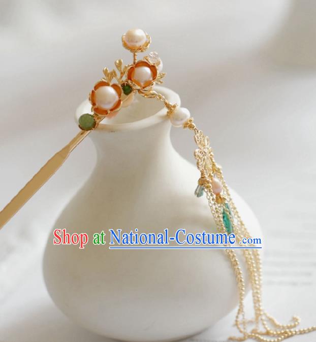 Chinese Handmade Tang Dynasty Princess Pink Pearls Tassel Hairpins Ancient Hanfu Hair Accessories for Women