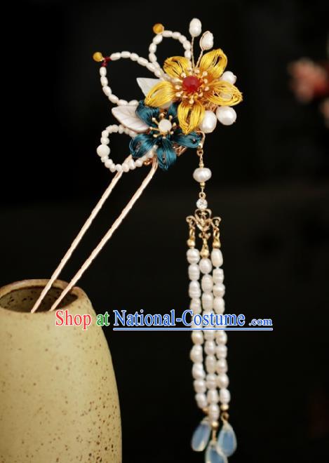 Chinese Handmade Tang Dynasty Princess White Pearls Tassel Hairpins Ancient Hanfu Hair Accessories for Women