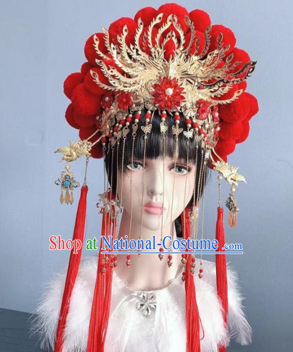 Chinese Handmade Classical Red Phoenix Coronet Hat Ancient Empress Hanfu Hair Accessories for Women