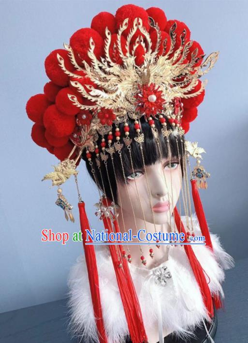 Chinese Handmade Classical Red Phoenix Coronet Hat Ancient Empress Hanfu Hair Accessories for Women