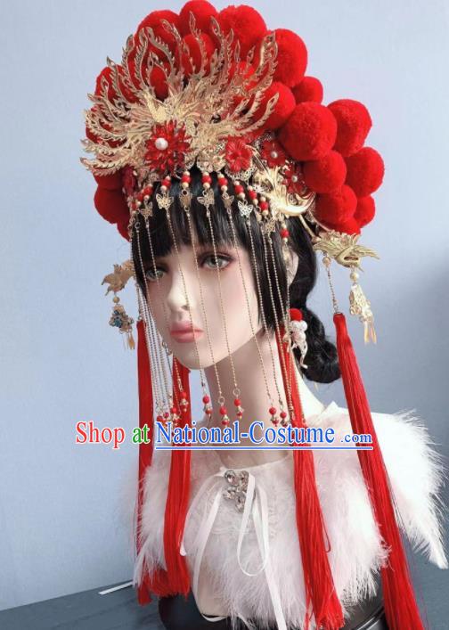 Chinese Handmade Classical Red Phoenix Coronet Hat Ancient Empress Hanfu Hair Accessories for Women