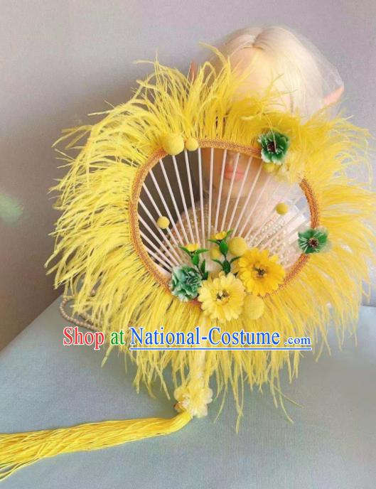 Chinese Traditional Yellow Palace Fans Handmade Ancient Princess Feather Round Fan for Women