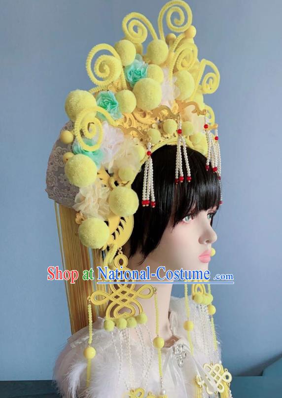 Chinese Handmade Classical Yellow Phoenix Coronet Hat Ancient Empress Hanfu Hair Accessories for Women