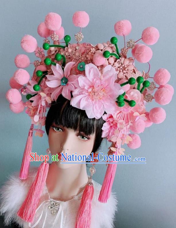 Chinese Handmade Classical Pink Peony Tassel Phoenix Coronet Hat Ancient Empress Hanfu Hair Accessories for Women