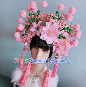 Chinese Handmade Classical Pink Peony Tassel Phoenix Coronet Hat Ancient Empress Hanfu Hair Accessories for Women