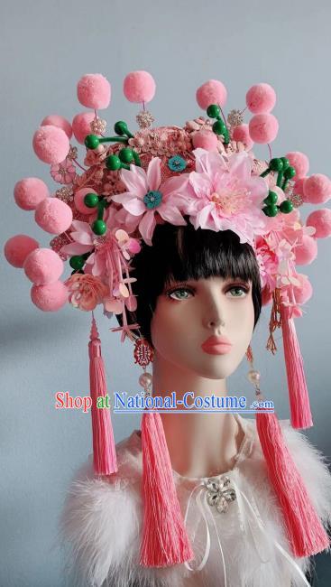 Chinese Handmade Classical Pink Peony Tassel Phoenix Coronet Hat Ancient Empress Hanfu Hair Accessories for Women