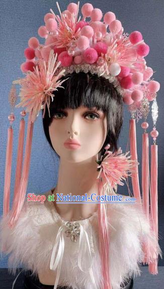 Chinese Handmade Classical Pink Chrysanthemum Phoenix Coronet Hat Ancient Empress Hanfu Hair Accessories for Women