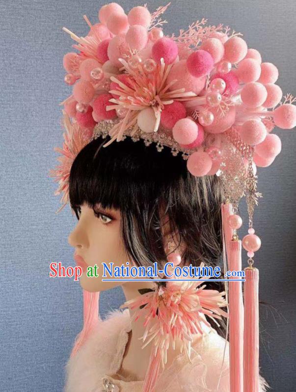 Chinese Handmade Classical Pink Chrysanthemum Phoenix Coronet Hat Ancient Empress Hanfu Hair Accessories for Women