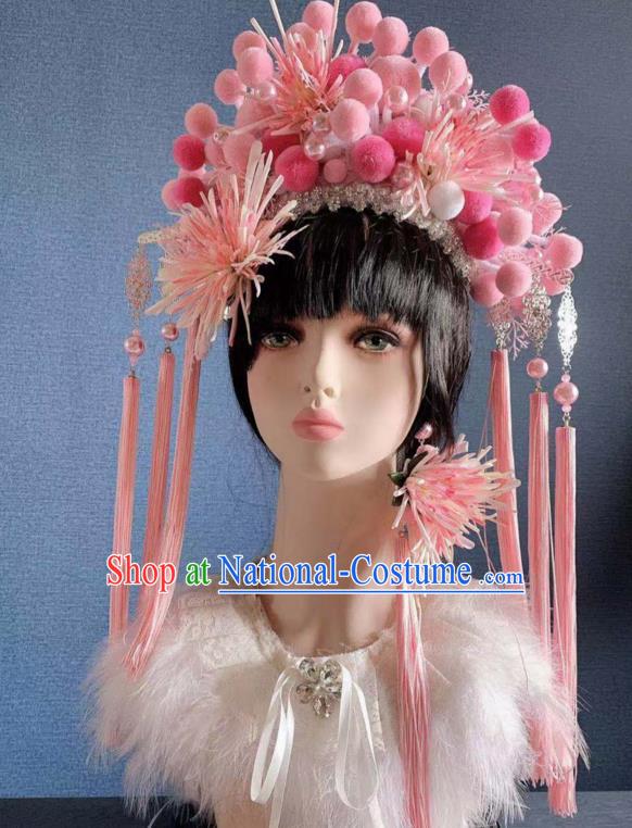 Chinese Handmade Classical Pink Chrysanthemum Phoenix Coronet Hat Ancient Empress Hanfu Hair Accessories for Women