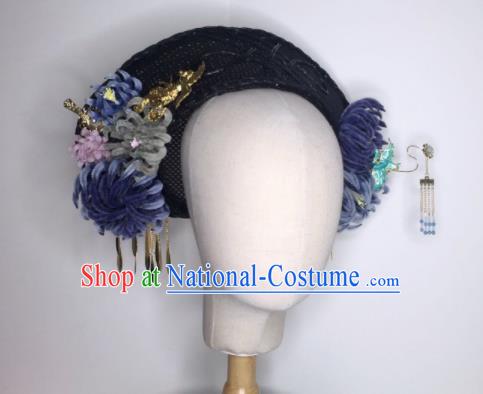 Chinese Handmade Qing Dynasty Court Velvet Flowers Hairpins Hat Phoenix Coronet Ancient Empress Hair Accessories for Women