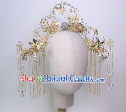 Chinese Traditional Hanfu Wedding Golden Tassel Hair Crown Handmade Ancient Princess Hair Accessories for Women