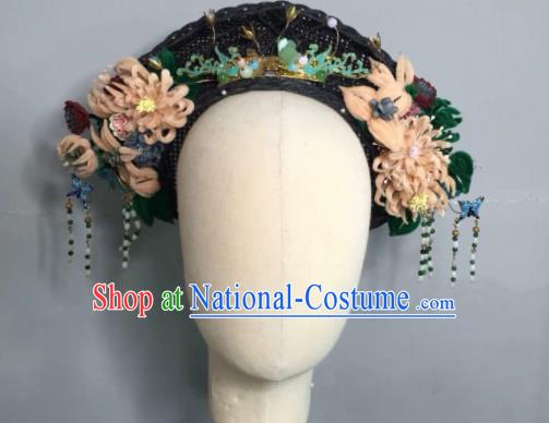 Chinese Handmade Qing Dynasty Manchu Imperial Consort Velvet Flowers Hat Phoenix Coronet Ancient Empress Hair Accessories for Women