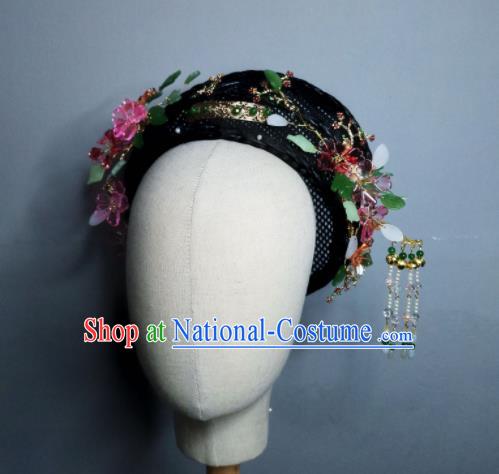 Chinese Handmade Qing Dynasty Manchu Imperial Consort Rosy Flower Hairpins Hat Ancient Empress Hair Accessories for Women