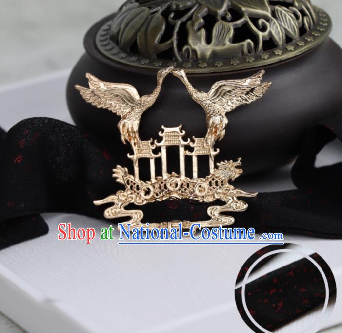 Chinese Traditional Hanfu Black Ribbon Hairband Handmade Ancient Swordsman Crane Hair Accessories for Men