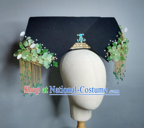 Chinese Handmade Qing Dynasty Manchu Imperial Consort Green Flower Hairpins Hat Ancient Empress Hair Accessories for Women