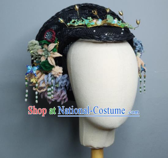 Chinese Handmade Qing Dynasty Manchu Velvet Chrysanthemum Hairpins Hat Ancient Imperial Consort Hair Accessories for Women