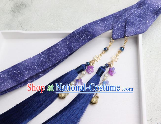 Chinese Traditional Princess Hanfu Deep Blue Ribbon Hairband Handmade Ancient Swordsman Hair Accessories for Women