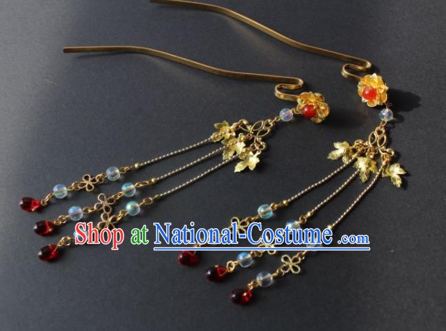 Chinese Handmade Ming Dynasty Princess Golden Leaf Tassel Hairpins Ancient Hanfu Hair Accessories for Women