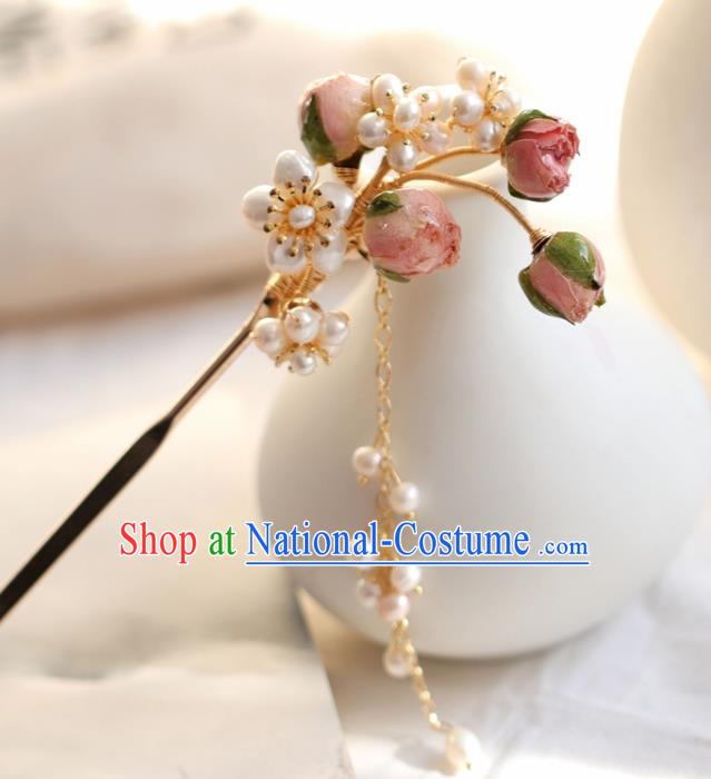 Chinese Handmade Ming Dynasty Princess Pink Flower Pearls Hairpins Ancient Hanfu Hair Accessories for Women