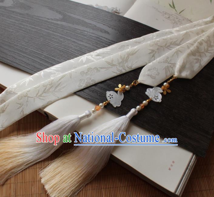 Chinese Traditional Hanfu Ming Dynasty White Ribbon Headband Handmade Ancient Princess Hair Accessories for Women