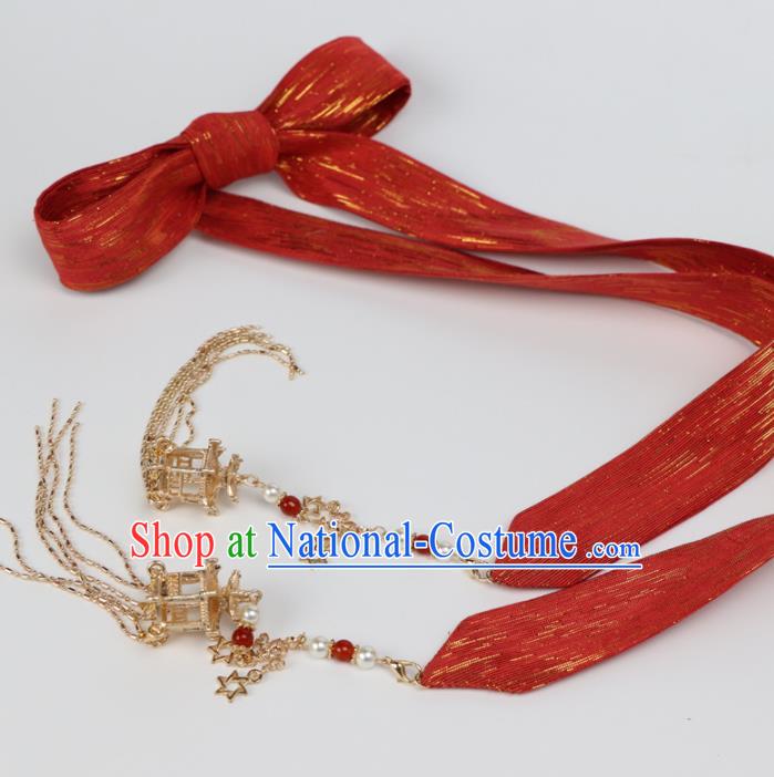 Chinese Traditional Hanfu Red Ribbon Hairband Handmade Ancient Princess Hair Accessories for Women