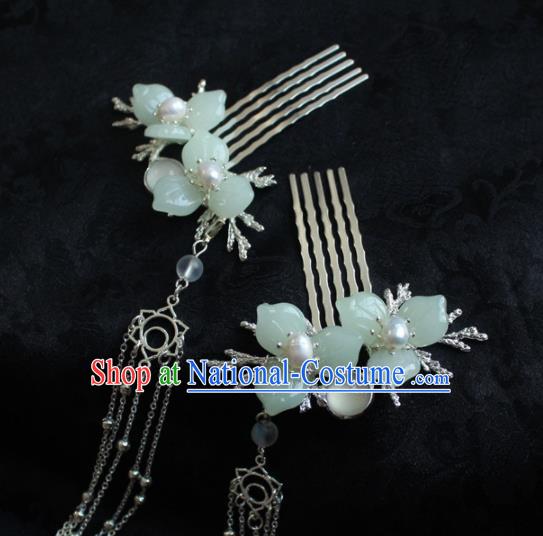 Chinese Handmade Ming Dynasty Princess Green Flower Hair Comb Hairpins Ancient Hanfu Hair Accessories for Women