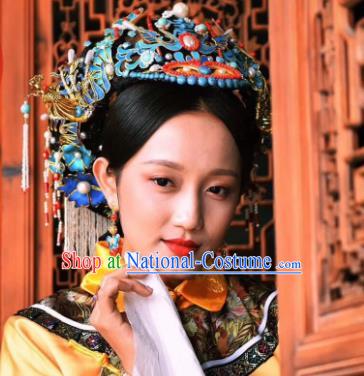 Chinese Handmade Qing Dynasty Manchu Cloisonne Phoenix Hairpins Hat Ancient Imperial Consort Hair Accessories for Women