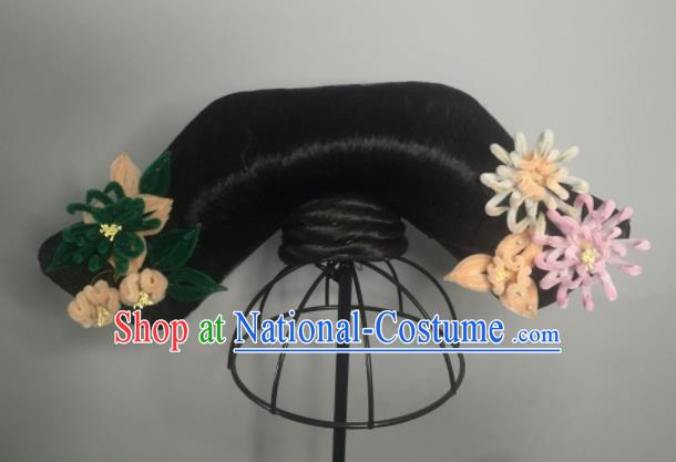 Chinese Traditional Hanfu Qing Dynasty Court Lady Wigs and Velvet Flowers Hairpins Handmade Ancient Imperial Consort Hair Accessories for Women