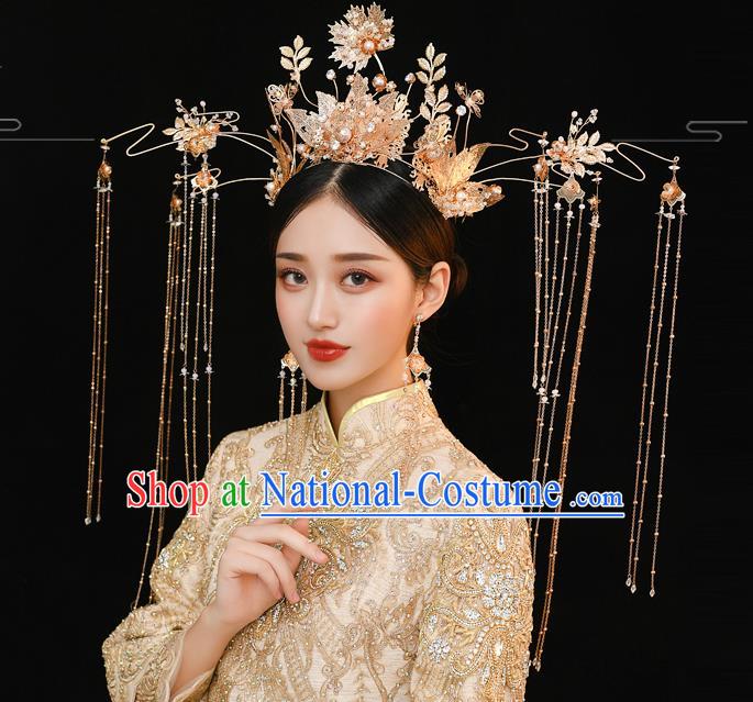 Traditional Chinese Handmade Wedding Golden Leaf Tassel Phoenix Coronet Ancient Bride Hair Accessories for Women