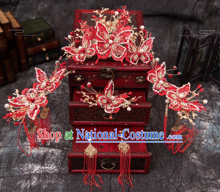 Traditional Chinese Handmade Wedding Red Butterfly Hairpins Phoenix Coronet Ancient Bride Hair Accessories for Women