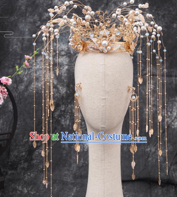 Traditional Chinese Handmade Hairpins Golden Lotus Phoenix Coronet Ancient Bride Hair Accessories for Women