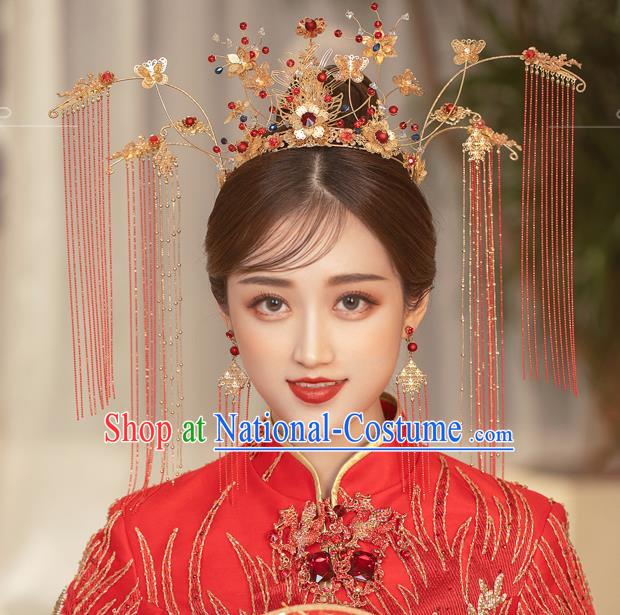 Traditional Chinese Handmade Hairpins Red Tassel Phoenix Coronet Ancient Bride Hair Accessories for Women