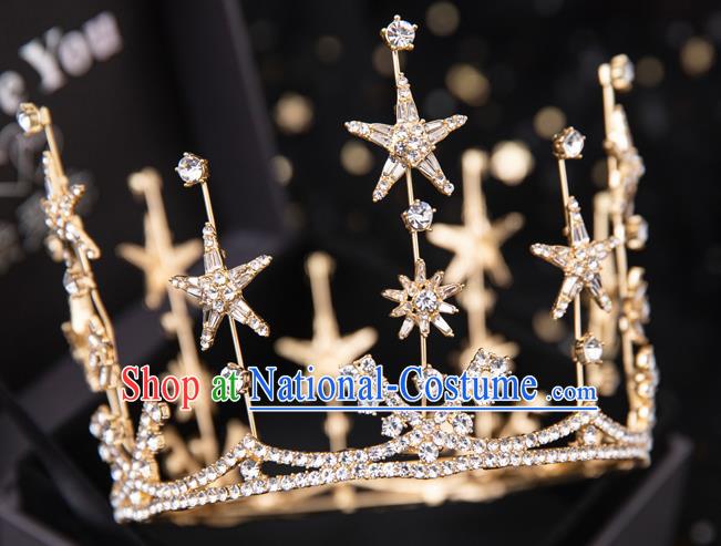 Top Handmade Wedding Bride Crystal Star Round Golden Royal Crown Baroque Princess Hair Accessories for Women