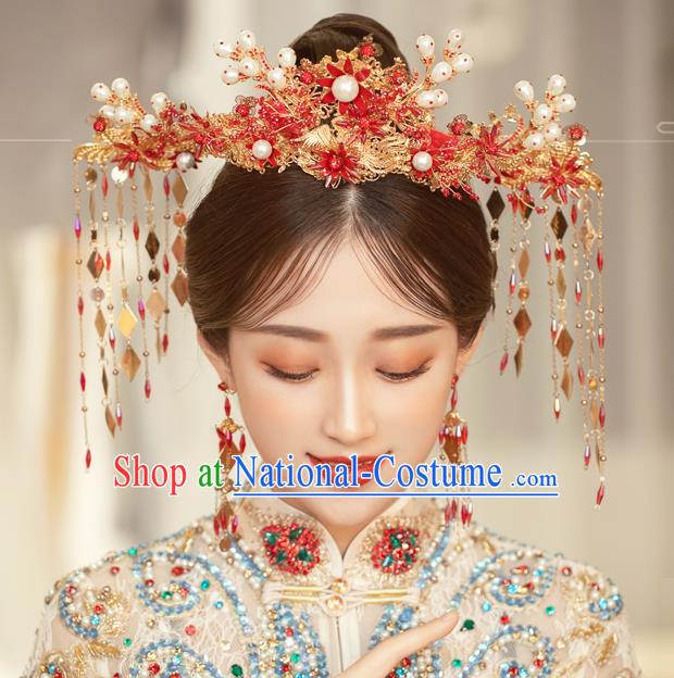 Traditional Chinese Handmade Hairpins Red Flowers Phoenix Coronet Ancient Bride Hair Accessories for Women