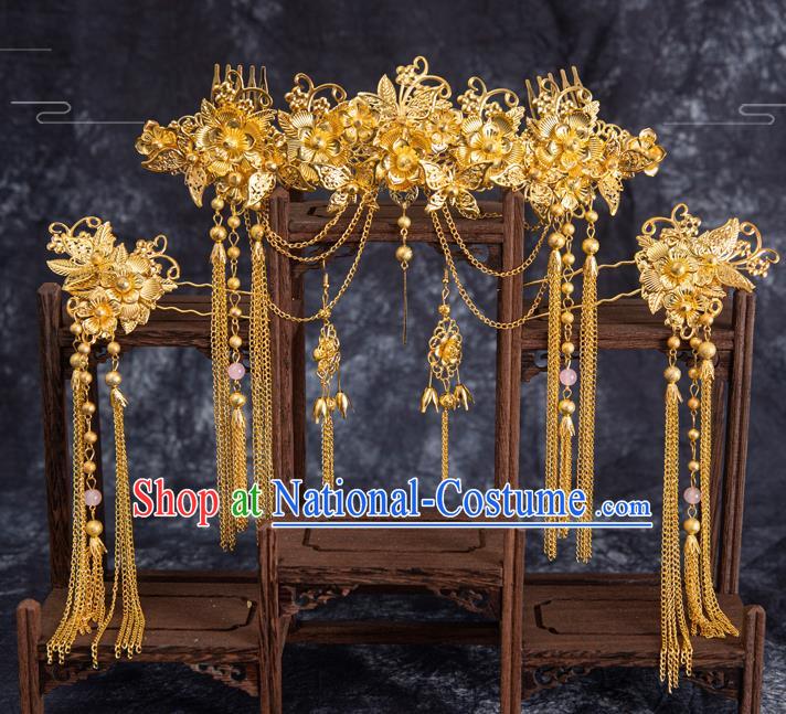 Traditional Chinese Handmade Hairpins Golden Hair Comb Ancient Bride Hair Accessories for Women