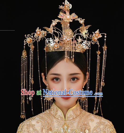 Traditional Chinese Handmade Golden Phoenix Crown Hairpins Ancient Bride Hair Accessories for Women