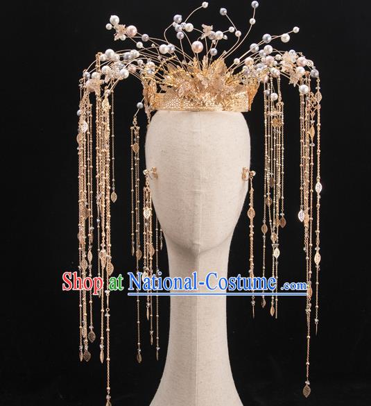 Traditional Chinese Handmade Golden Crown Hairpins Ancient Bride Hair Accessories for Women