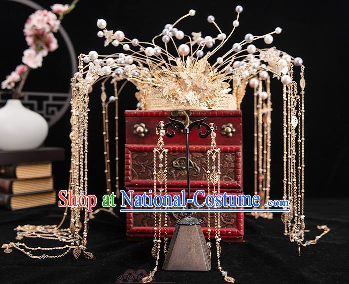 Traditional Chinese Handmade Golden Crown Hairpins Ancient Bride Hair Accessories for Women