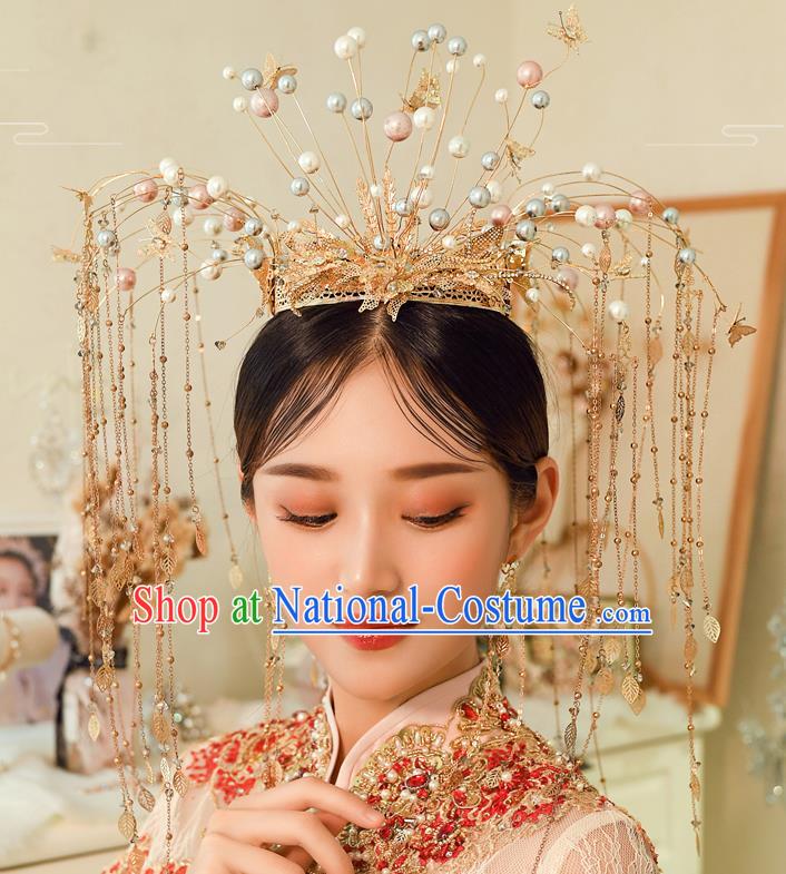 Traditional Chinese Handmade Golden Crown Hairpins Ancient Bride Hair Accessories for Women