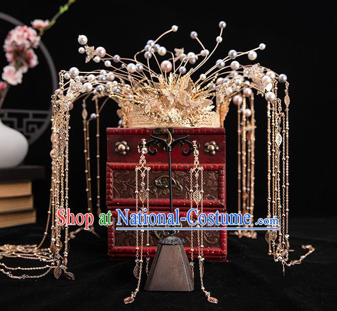 Traditional Chinese Handmade Golden Crown Hairpins Ancient Bride Hair Accessories for Women