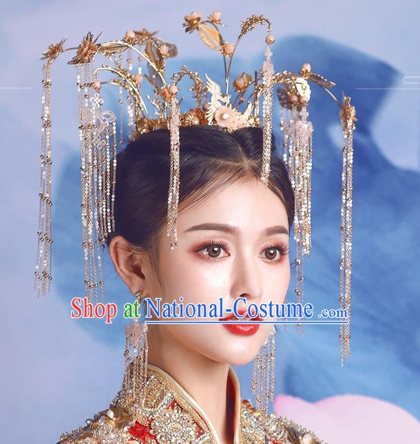 Traditional Chinese Wedding Luxury Golden Phoenix Coronet Hairpins Handmade Ancient Bride Hair Accessories for Women