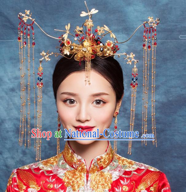 Traditional Chinese Wedding Luxury Dragonfly Phoenix Coronet Hairpins Handmade Ancient Bride Hair Accessories for Women