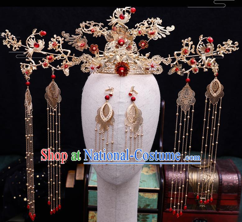 Traditional Chinese Wedding Golden Birds Phoenix Coronet Hairpins Handmade Ancient Bride Hair Accessories for Women