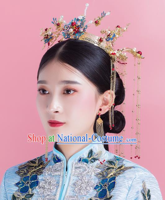 Traditional Chinese Wedding Luxury Cloisonne Phoenix Coronet Hairpins Handmade Ancient Bride Hair Accessories for Women