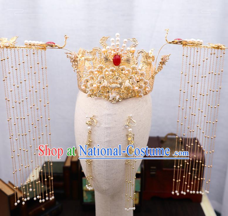 Traditional Chinese Wedding Golden Pine Phoenix Coronet Hairpins Handmade Ancient Bride Hair Accessories for Women