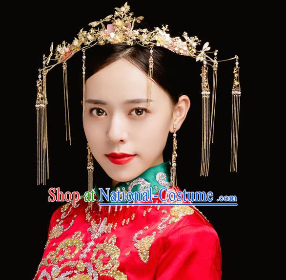 Traditional Chinese Wedding Golden Dragonfly Phoenix Coronet Hairpins Handmade Ancient Bride Hair Accessories for Women