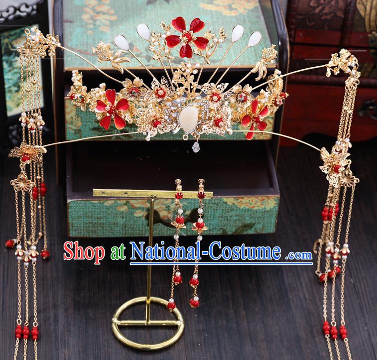 Traditional Chinese Wedding Red Plum Phoenix Coronet Hairpins Handmade Ancient Bride Hair Accessories for Women